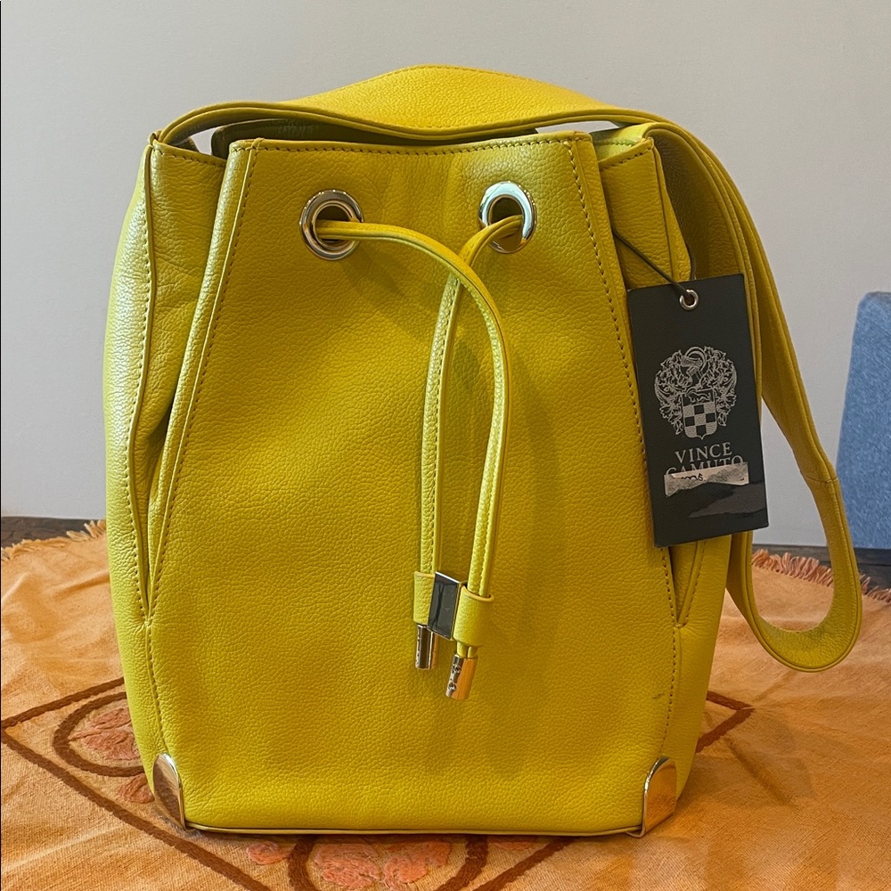 Vince Camuto Chartreuse Yellow Draw String Leather Purse Bag